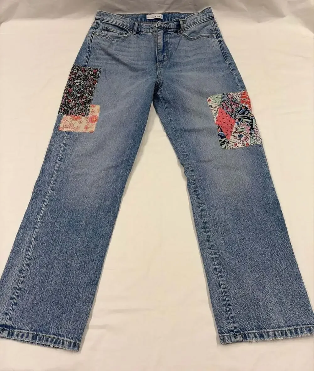 LOFT The Straight Crop Patchwork Floral Denim Jeans Light Wash Size 4